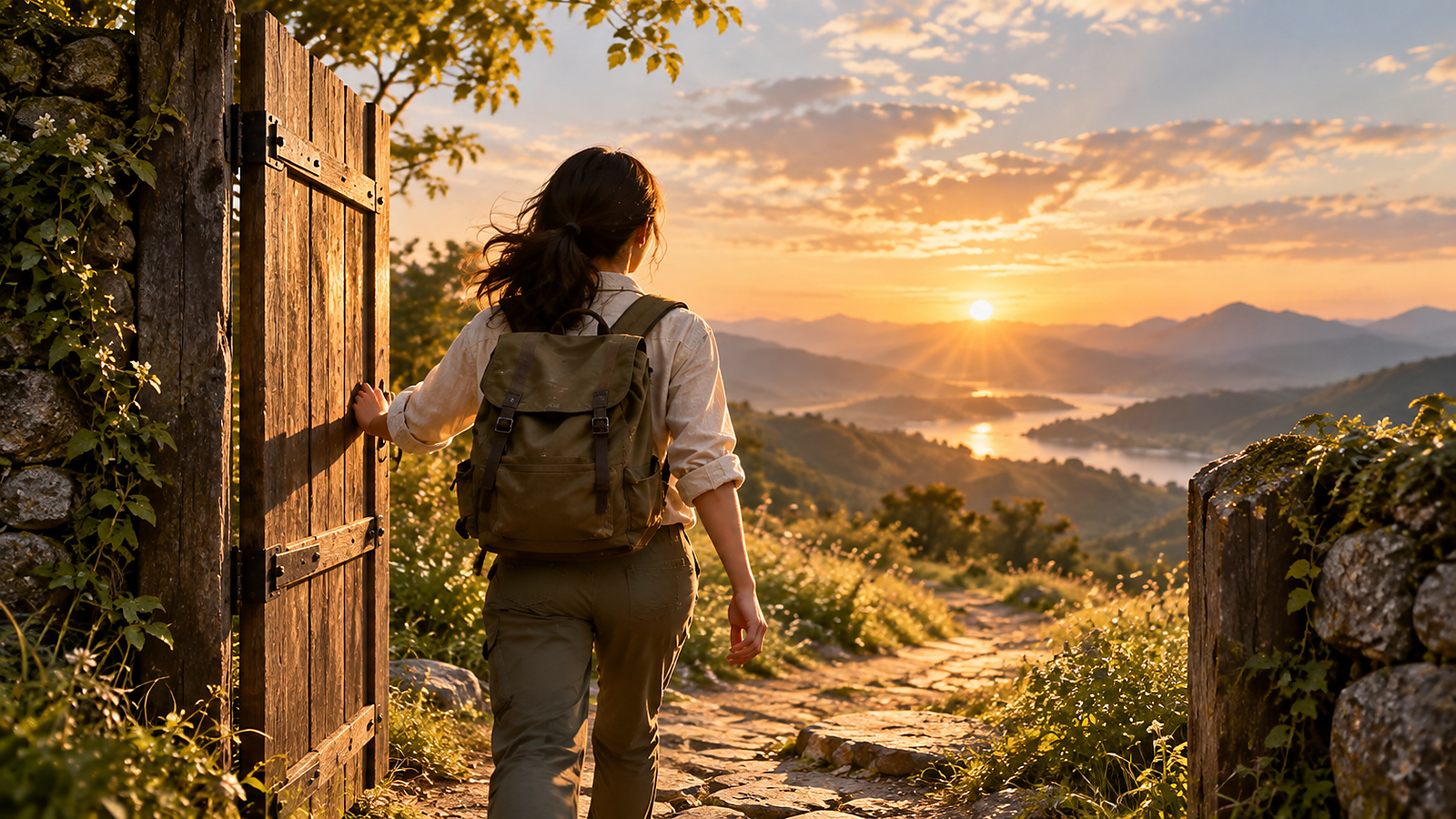 An open gate on a quiet path, representing the choice to move without waiting for permission