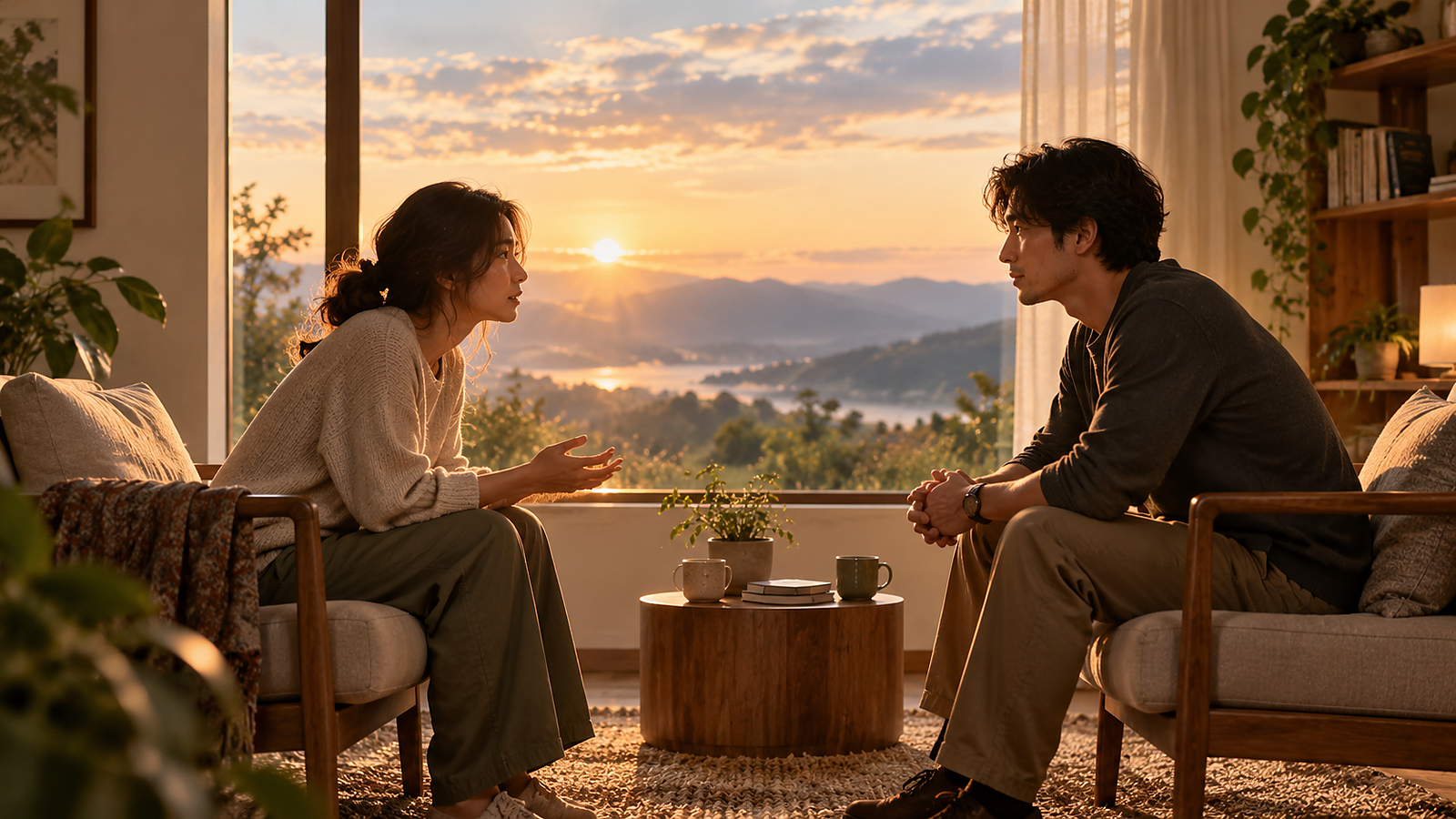 Two chairs facing each other beside a calm window, representing a difficult but honest conversation